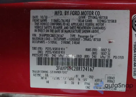 2011 Ford Fusion Sport z USA, uszkodzony, nr VIN 3FAHP0DC2BR124167